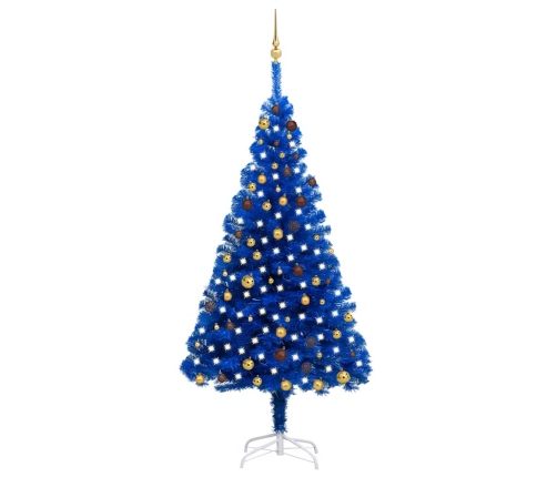 Árbol de Navidad preiluminado con luces y bolas azul 210 cm