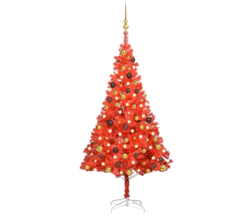 Árbol de Navidad preiluminado con luces y bolas rojo 150 cm