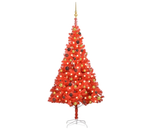 Árbol de Navidad preiluminado con luces y bolas rojo 180 cm