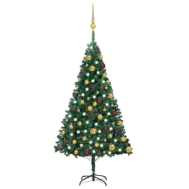 Árbol de Navidad preiluminado con luces y bolas verde 120 cm