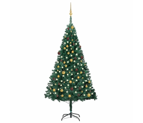 Árbol de Navidad preiluminado con luces y bolas verde 210 cm