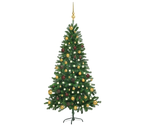 Árbol de Navidad preiluminado con luces y bolas verde 150 cm