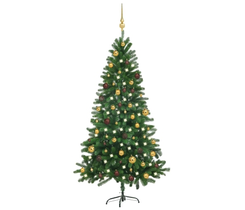 Árbol de Navidad preiluminado con luces y bolas verde 180 cm