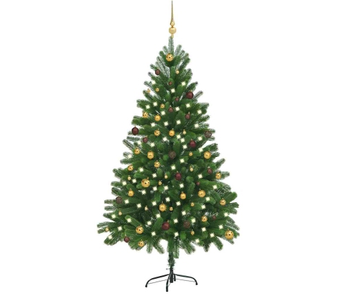 Árbol de Navidad preiluminado con luces y bolas verde 210 cm