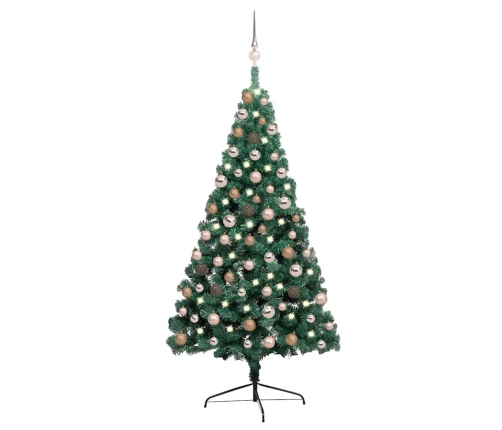 Medio árbol de Navidad con luces y bolas verde 150 cm