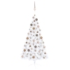 Medio árbol de Navidad con luces y bolas blanco 150 cm