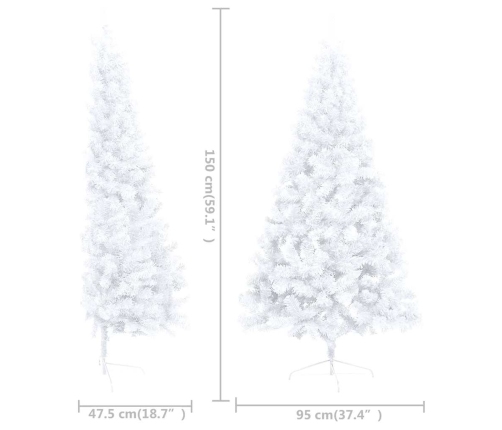 Medio árbol de Navidad con luces y bolas blanco 150 cm