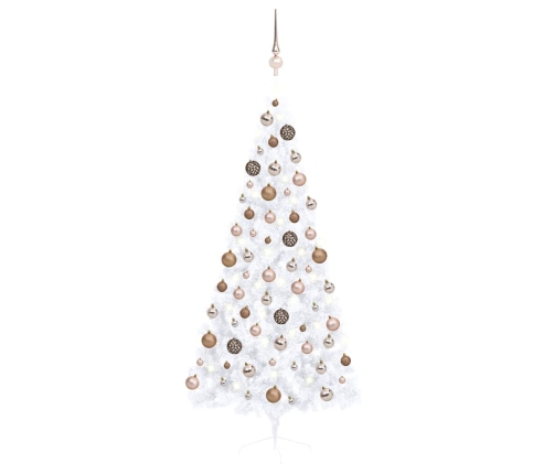 Medio árbol de Navidad con luces y bolas blanco 180 cm