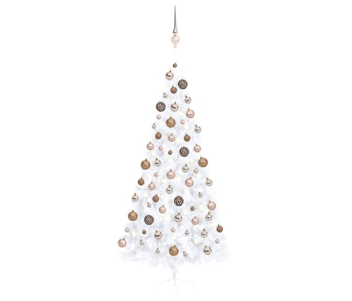 Medio árbol de Navidad con luces y bolas blanco 120 cm