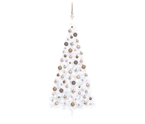 Medio árbol de Navidad con luces y bolas blanco 240 cm