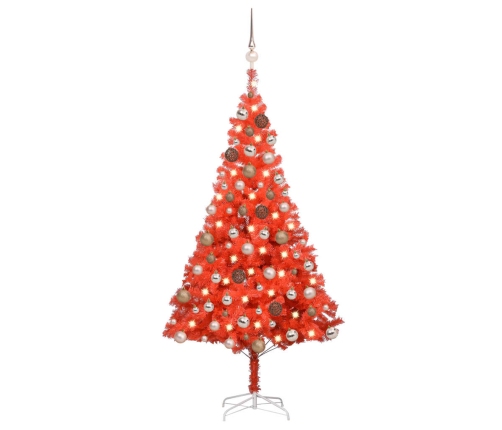 Árbol de Navidad preiluminado con luces y bolas rojo 180 cm