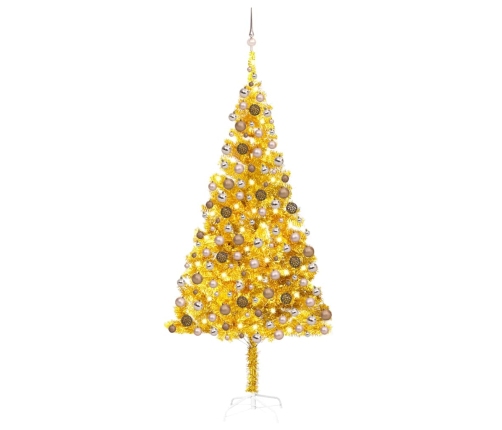 Árbol de Navidad preiluminado con luces y bolas dorado 210 cm