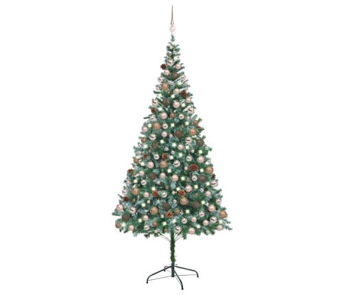 Árbol de Navidad artificial con LEDs, bolas y piñas 210 cm