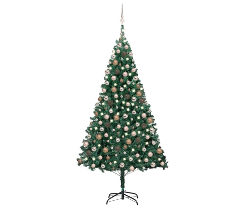 Árbol de Navidad preiluminado con luces y bolas verde 210 cm