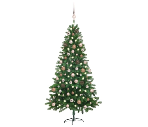 Árbol de Navidad preiluminado con luces y bolas verde 150 cm