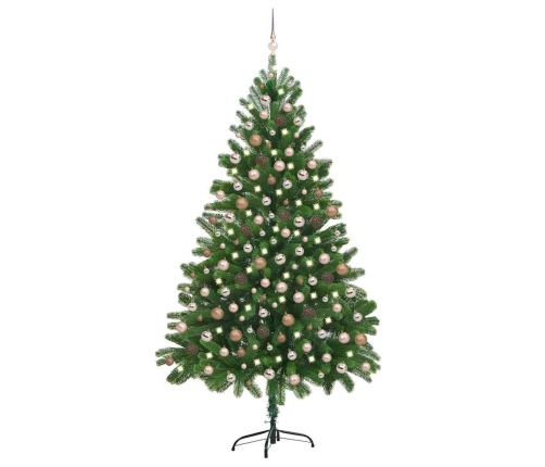 Árbol de Navidad preiluminado con luces y bolas verde 210 cm