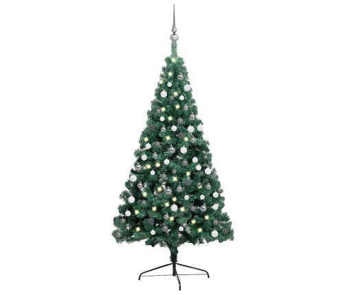 Medio árbol de Navidad con luces y bolas verde 120 cm