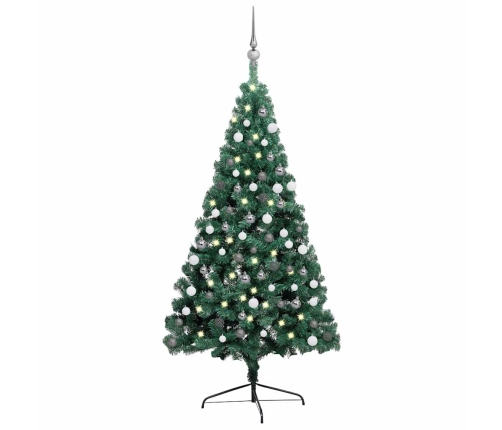 Medio árbol de Navidad con luces y bolas verde 150 cm