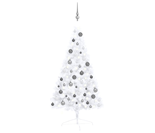 Medio árbol de Navidad con luces y bolas blanco 120 cm