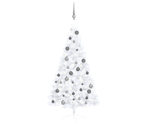 Medio árbol de Navidad con luces y bolas blanco 150 cm