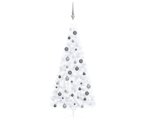 Medio árbol de Navidad con luces y bolas blanco 180 cm