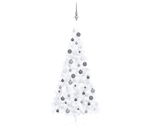 Medio árbol de Navidad con luces y bolas blanco 120 cm