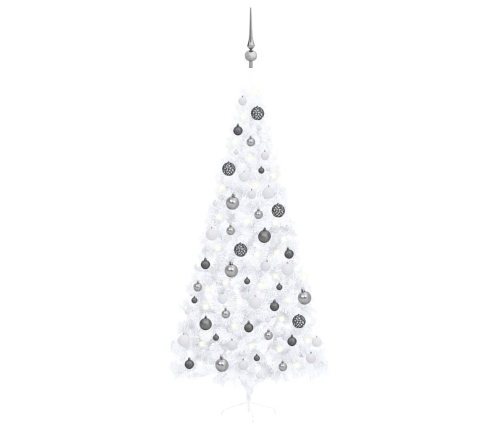 Medio árbol de Navidad con luces y bolas blanco 240 cm