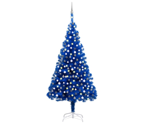 Árbol de Navidad preiluminado con luces y bolas azul 210 cm