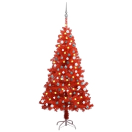 Árbol de Navidad preiluminado con luces y bolas rojo 150 cm