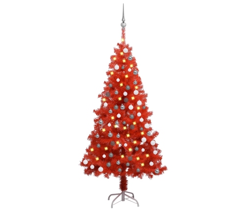 Árbol de Navidad preiluminado con luces y bolas rojo 150 cm