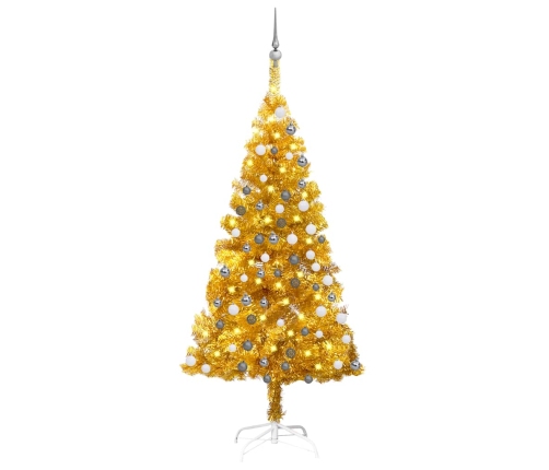 Árbol de Navidad preiluminado con luces y bolas dorado 120 cm