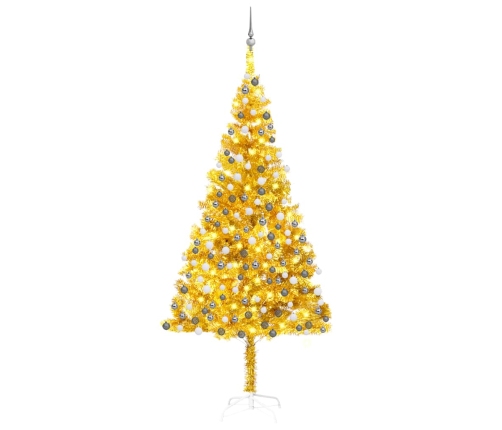 Árbol de Navidad preiluminado con luces y bolas dorado 210 cm