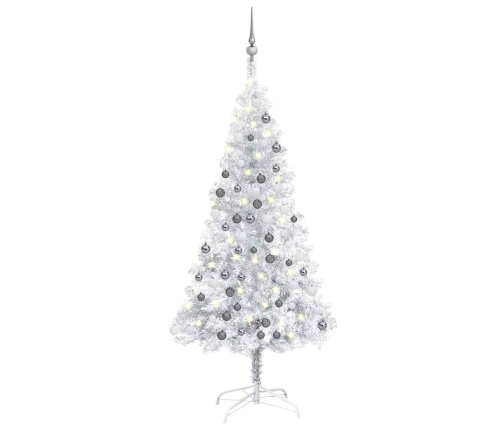 Árbol de Navidad preiluminado con luces y bolas plateado 150 cm