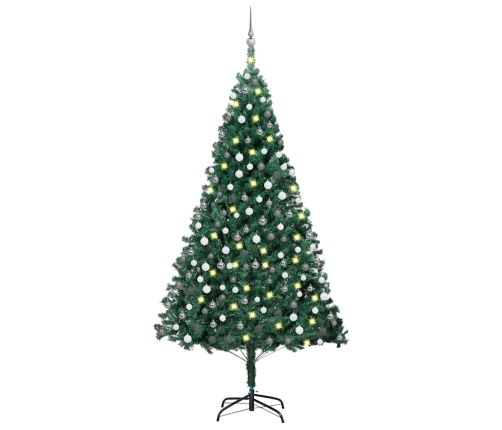 Árbol de Navidad preiluminado con luces y bolas verde 210 cm