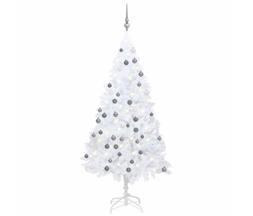 Árbol de Navidad preiluminado con luces y bolas blanco 150 cm