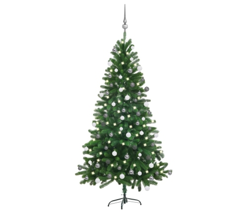 Árbol de Navidad preiluminado con luces y bolas verde 150 cm