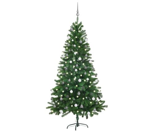 Árbol de Navidad preiluminado con luces y bolas verde 180 cm