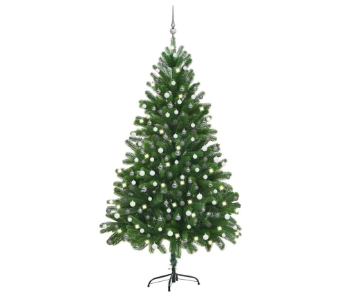 Árbol de Navidad preiluminado con luces y bolas verde 210 cm