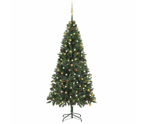 Árbol de Navidad preiluminado con luces y bolas verde 210 cm