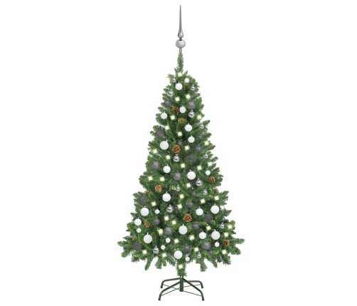 Árbol de Navidad preiluminado con luces, bolas y piñas 150 cm