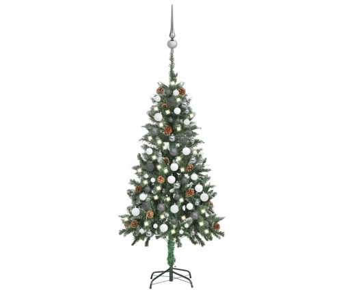 Árbol de Navidad preiluminado con luces, bolas y piñas 150 cm