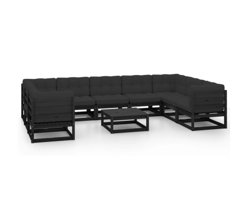 Muebles de jardín 10 pzas y cojines negro madera maciza de pino
