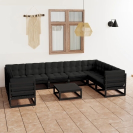 Muebles de jardín 10 pzas y cojines negro madera maciza de pino