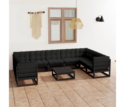Muebles de jardín 10 pzas y cojines negro madera maciza de pino