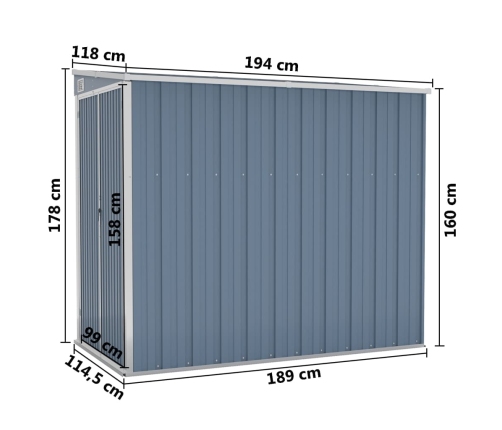 Cobertizo de jardín pared acero galvanizado gris 118x194x178cm