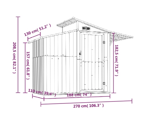 Cobertizo de jardín acero galvanizado gris 270x130x208,5 cm