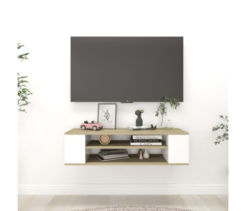 Mueble TV colgante contrachapada blanco y roble 100x30x26,5 cm