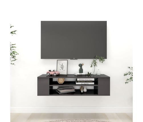 Mueble de TV colgante contrachapada gris brillo 100x30x26,5 cm