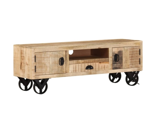 Mueble TV con ruedas madera maciza de mango rugosa 110x30x37 cm