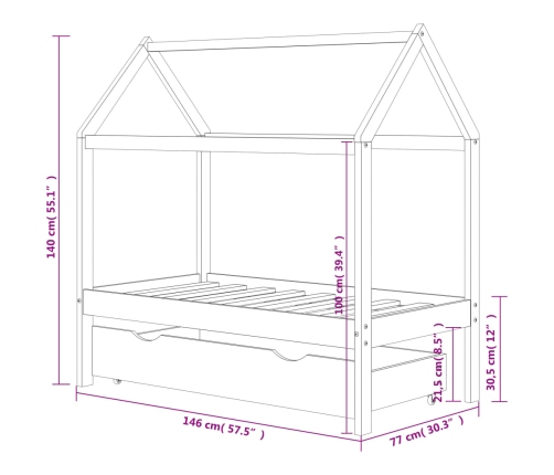 Estructura de cama infantil con cajón madera de pino 70x140 cm